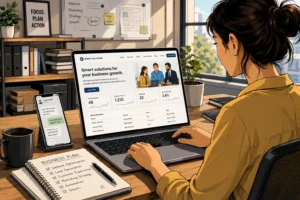 Business owner using a modern website to manage customers, leads and business activities